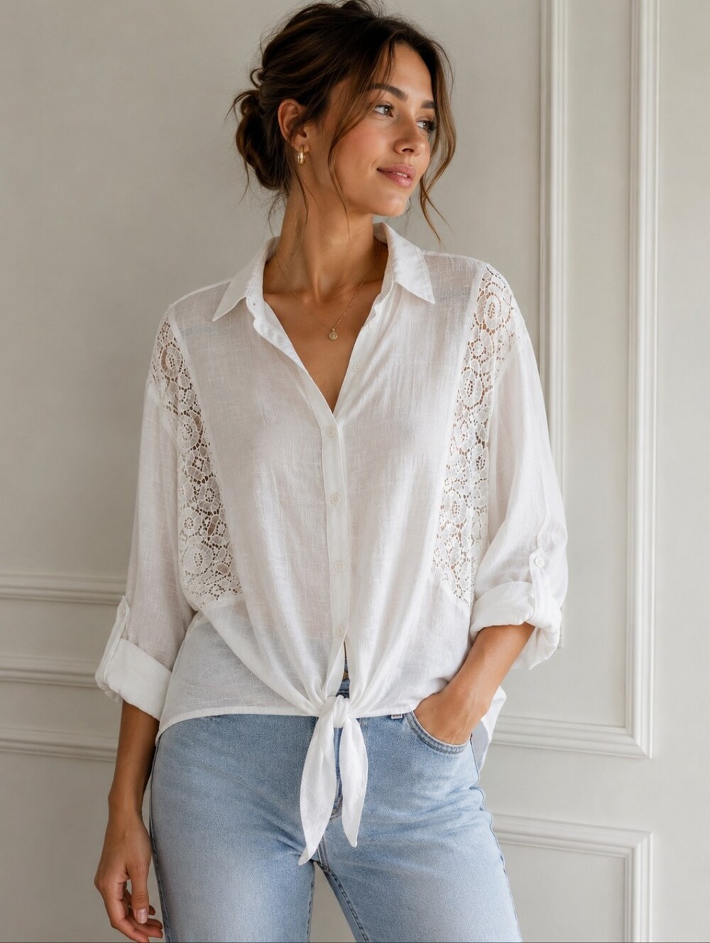 Chico's White Lace-Panel Button-Down Tie Hem Shirt